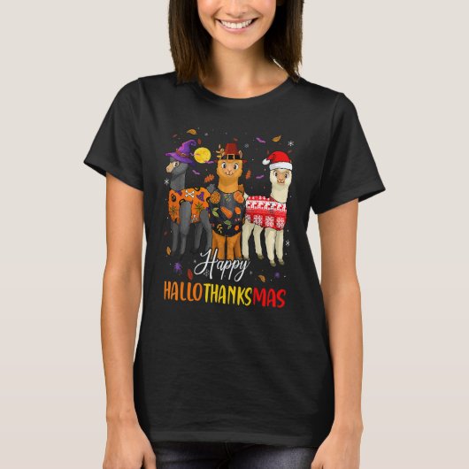 Happy HallowThanksMas Llama Christmas Thanksgivin T-Shirt (Vorderseite)