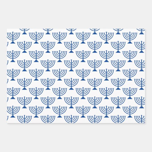 Happy Hannukah blaue Kerzenhalter Muster Geschenkpapier Set (Vorderseite 3)
