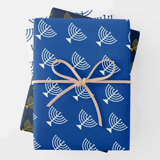 Happy Hannukah blaue Kerzenhalter Muster Geschenkpapier Set (Beispiel)
