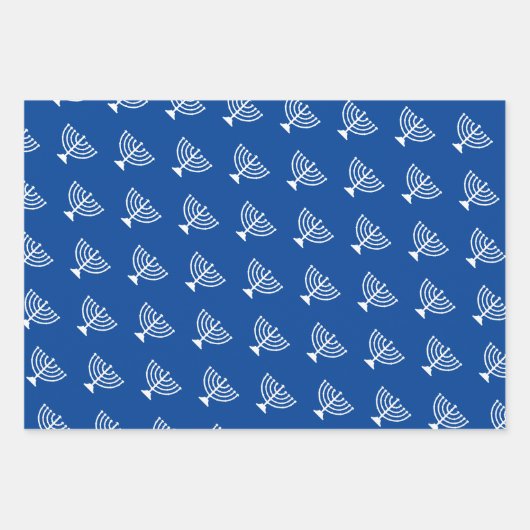 Happy Hannukah blaue Kerzenhalter Muster Geschenkpapier Set (Vorderseite)