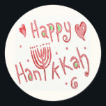 Happy Hannukah Runder Aufkleber<br><div class="desc">Dieses fantasievolle Hannukah-Design hat eine Menorah anstelle des "U" in dem Wort, Hannukah. Diese Schreibweise ist inzwischen die am weitesten verbreitete Rechtschreibung im Englischen geworden. Selbst wenn man sie normalerweise Hanuka oder Chanukah buchstabiert, kann man mit dieser nicht falsch liegen. Die rote Farbe macht es fröhlich und der Hintergrund des...</div>