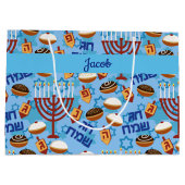Happy Hanukah Add Name Blue Dreidel Menorah Große Geschenktüte (Rückseite)
