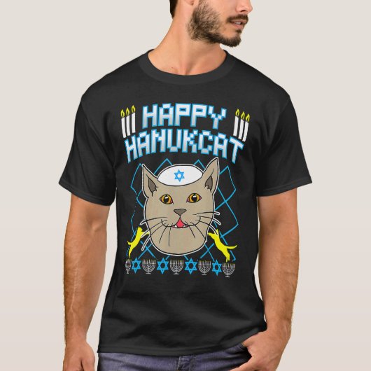 Happy Hanukcat Jewish Cat Ugly Christmas Sweater T-Shirt (Vorderseite)