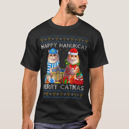 Happy Hanukcat Merry Catmas Ugly Christmas Chanuka T-Shirt (Vorderseite)