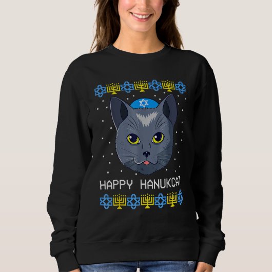 Happy Hanukcat Ugly Hanukkah Sweater Cat Chanukah  Sweatshirt (Vorderseite)