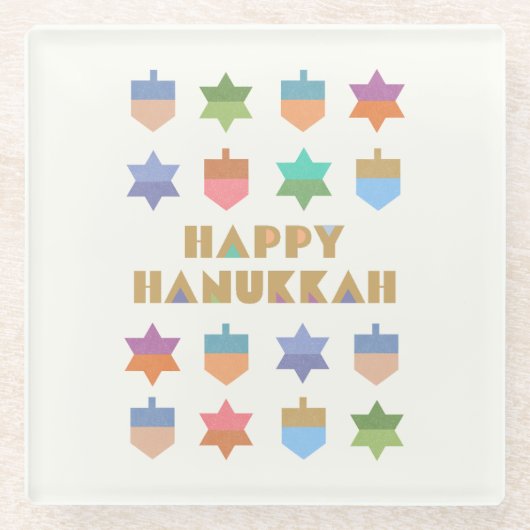 Happy Hanukka Dreidels und Sterne Glasuntersetzer (Vorderseite)