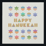 Happy Hanukka Dreidels und Sterne Künstlicher Leinwanddruck<br><div class="desc">Ein unterhaltsames und festliches Hanukkah-Design mit farbenfrohen dreiköpfigen Sternen. Ein modernes,  nicht traditionelles Design und Muster mit stilisierten dreiblättern und Star of David geometrische Formen.</div>