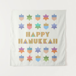 Happy Hanukka Dreidels und Sterne Wandteppich