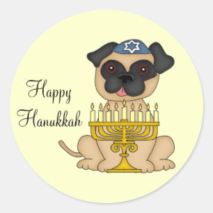 Happy Hanukka-Mops Hund mit Menorah Runder Aufkleber