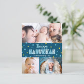Happy Hanukkah 3 Foto Blue Gold Stars Card (Stehend Vorderseite)