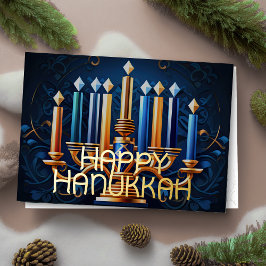 Happy Hanukkah Abstrakt Zeichnend Menorah Gold Blu Folien Feiertagskarte