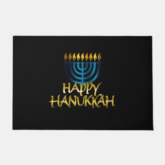 Happy Hanukkah Aquamarin Gold Black Menorah Door M Fußmatte (Vorderseite)