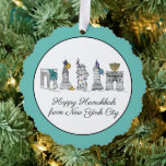Happy Hanukkah aus New York City NYC Chanukah Ornament Karte<br><div class="desc">Design zeigt eine originelle Marker-Illustration von New York City "gekleidet" für die Feriensaison. Persönlich für ein lustiges Hanukkah Geschenk oder Gastgeschenk. Dieses Design ist auch auf anderen Produkten erhältlich. Auch die Gestaltung der Projekte wird koordiniert. Sehen Sie nicht, wonach Sie suchen? Kontaktieren Sie Rebecca, um etwas für Sie entworfen zu...</div>