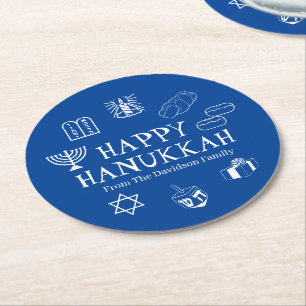 Happy Hanukkah Blau & Weiß benutzerdefinierte Fami Runder Pappuntersetzer