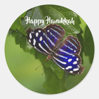 Happy Hanukkah Blau-Weiß-Schmetterling Runder Aufkleber