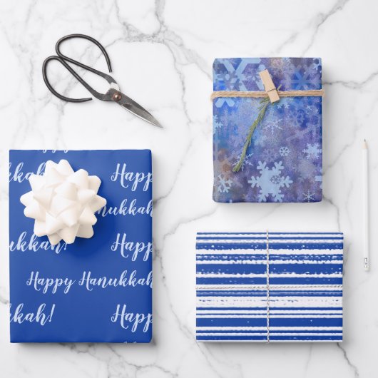 Happy Hanukkah Blauer Winter Geschenkpapier Set (Vorderseite)