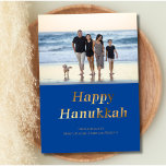 Happy Hanukkah Blue Gold Foil Foto Feiertagskarte<br><div class="desc">Blue und Gold Folie Happy Hanukkah Holiday Card. Fügen Sie Ihr Foto hinzu, um es zu personalisieren.</div>