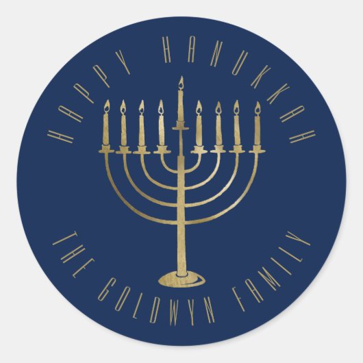 Happy Hanukkah 'Blue Gold Menorah Holiday Runder Aufkleber (Vorderseite)