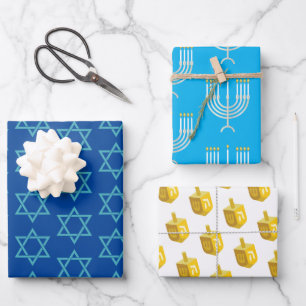 Happy Hanukkah Blue Star Menorah Dreidel Geschenkpapier Set