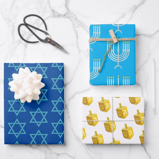 Happy Hanukkah Blue Star Menorah Dreidel Geschenkpapier Set (Vorderseite)