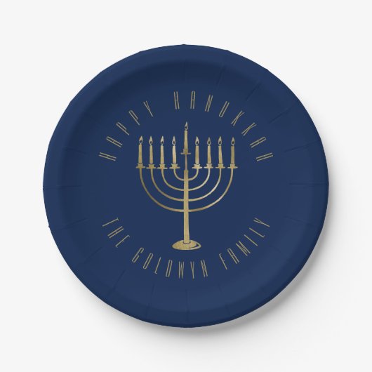 Happy HanuKkah Blue und Gold Menorah Urlaub Pappteller (Vorderseite)