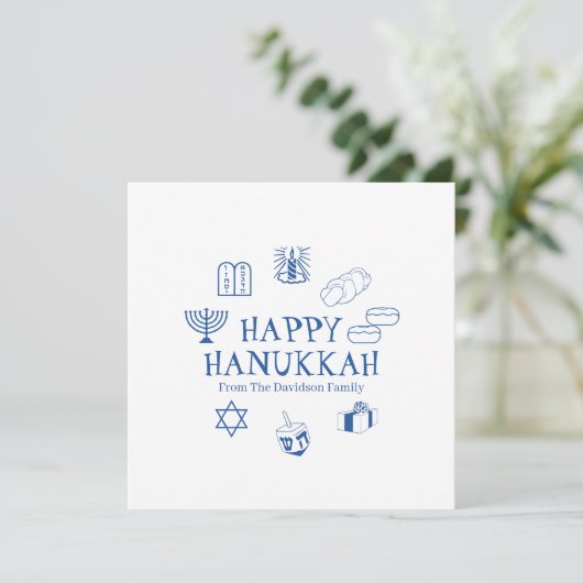 Happy Hanukkah Blue White Custom Familienname Card (Stehend Vorderseite)