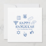 Happy Hanukkah Blue White Custom Familienname Card<br><div class="desc">Happy Hanukkah,  passen Sie die Grußkarte für Familiennamen an. Happy Hanukkah,  Happy Chanukah,  Hanukkah Sameach!,  Chag Sameach!,  Chag Urim Sameach! Blau und Weiß</div>