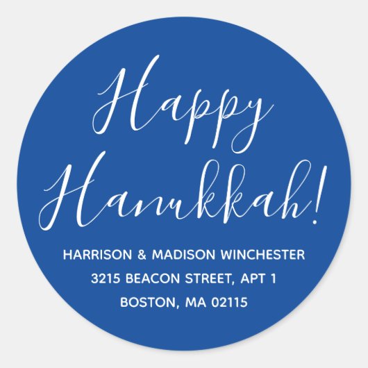 Happy Hanukkah Blue White Script Rücksendeadresse Runder Aufkleber (Vorderseite)