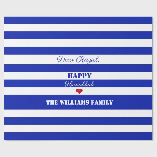Happy Hanukkah Blue White Striping Muster Herz Geschenkpapier (Flach)