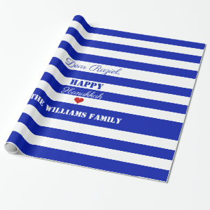 Happy Hanukkah Blue White Striping Muster Herz Geschenkpapier