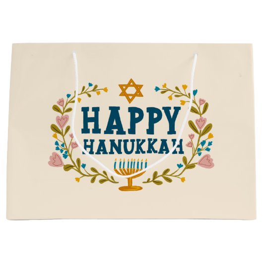 HAPPY HANUKKAH Blumenkranz Jüdischer Urlaub CUSTOM Große Geschenktüte (Vorderseite)