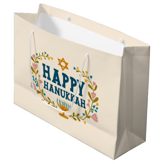 HAPPY HANUKKAH Blumenkranz Jüdischer Urlaub CUSTOM Große Geschenktüte (Vorderseite Schrägansicht)