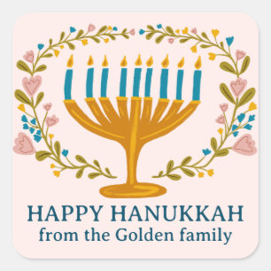 HAPPY HANUKKAH Blumenkranz Jüdischer Urlaub CUSTOM Quadratischer Aufkleber