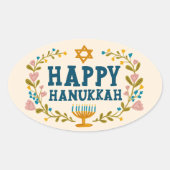 HAPPY HANUKKAH Blumenkranz Jüdischer Urlaub Ovaler Aufkleber (Vorderseite)