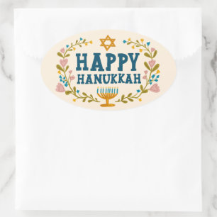 HAPPY HANUKKAH Blumenkranz Jüdischer Urlaub Ovaler Aufkleber