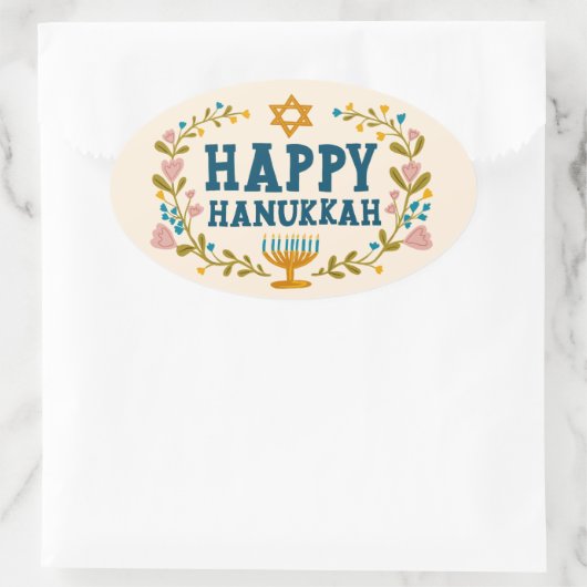 HAPPY HANUKKAH Blumenkranz Jüdischer Urlaub Ovaler Aufkleber (Tasche)