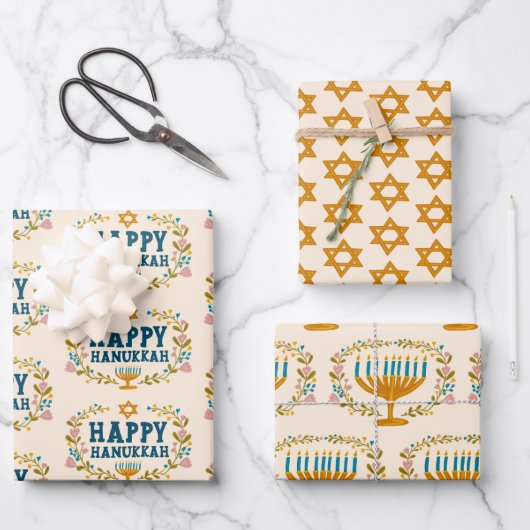 HAPPY HANUKKAH Blumenkranz Jüdisches Holiday Set Geschenkpapier Set (Vorderseite)