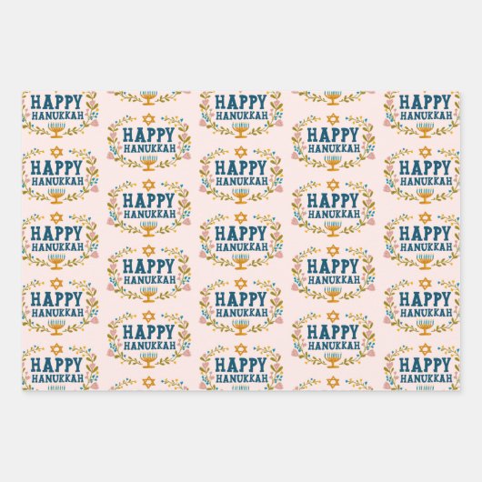 HAPPY HANUKKAH Blumenkranz Jüdisches Holiday Set Geschenkpapier Set (Vorderseite)