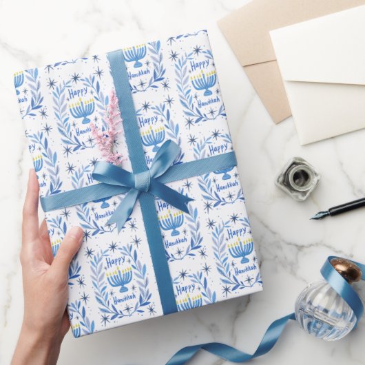 Happy Hanukkah Botanical Menorah Watercolor Geschenkpapier (Schenken)