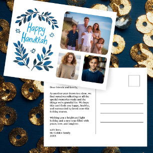 Happy Hanukkah Botanical Watercolor CUSTOM 3 Foto Feiertagspostkarte