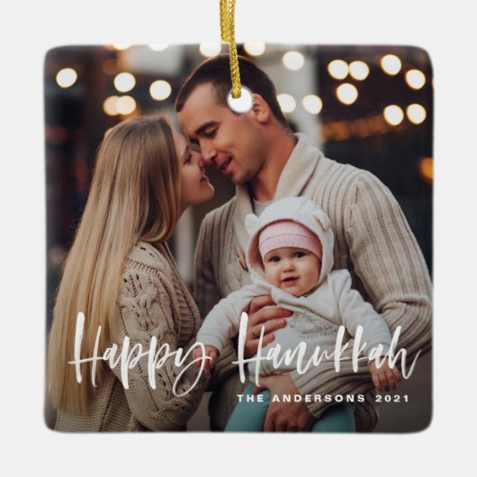 Happy Hanukkah Brush Letters Multi Foto Keramikornament (Vorderseite)
