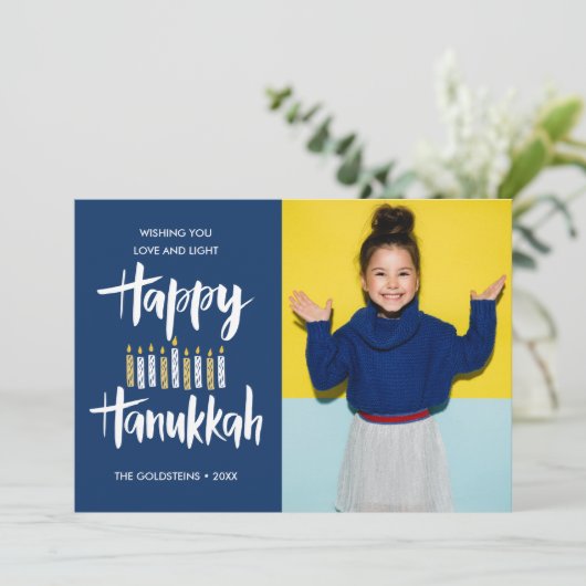 Happy Hanukkah Candles Blue Holidays Foto Einladung (Stehend Vorderseite)