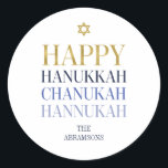 Happy Hanukkah Chanukah Holiday Round Sticker<br><div class="desc">Imitate simulierte Goldfolien-Design ist in diesem Design integriert. Personalisieren Sie den benutzerdefinierten Text oben. Weitere Koordinationsgegenstände finden Sie in unserer Sammlung "Happy Hanukka Chanukah".</div>