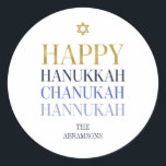 Happy Hanukkah Chanukah Holiday Round Sticker<br><div class="desc">Imitate simulierte Goldfolien-Design ist in diesem Design integriert. Personalisieren Sie den benutzerdefinierten Text oben. Weitere Koordinationsgegenstände finden Sie in unserer Sammlung "Happy Hanukka Chanukah".</div>