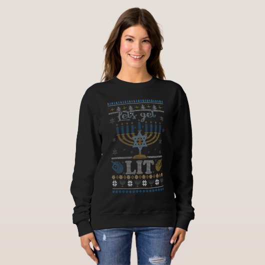 Happy Hanukkah Chanukah Let's Get Lit Ugly Sweater Sweatshirt (Vorne ganz)