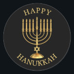 Happy Hanukkah Classic Round Sticker<br><div class="desc">Golden Happy Hanukkah Aufkleber.</div>