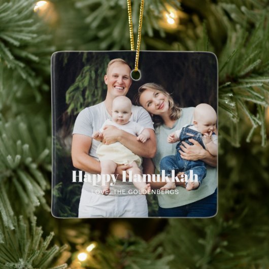Happy Hanukkah Custom Foto Text Moderne Streifen Keramikornament (Baum)