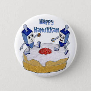 Happy Hanukkah Dancing Dreidels Jelly Doughnut Button