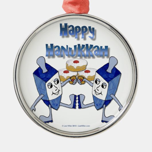 Happy Hanukkah Dancing Dreidels Jelly Doughnut Ornament Aus Metall (Vorne)