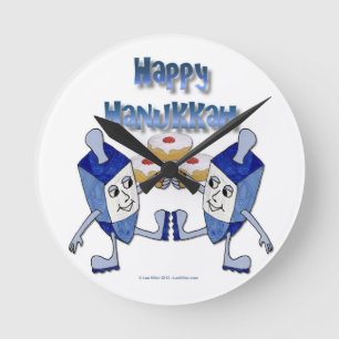 Happy Hanukkah Dancing Dreidels Jelly Doughnut Runde Wanduhr
